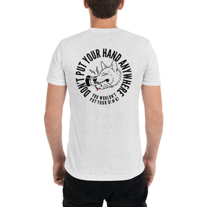 Men's "DON'T put your hand" black logo on back t-shirt