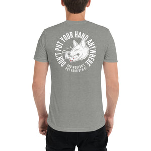 Men's "DON'T put your hand" white logo on back t-shirt