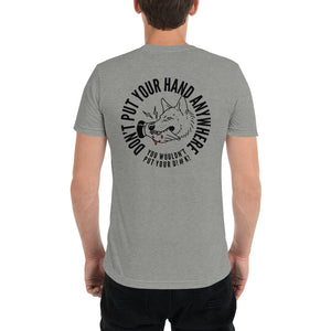 Men's "DON'T put your hand" black logo on back t-shirt