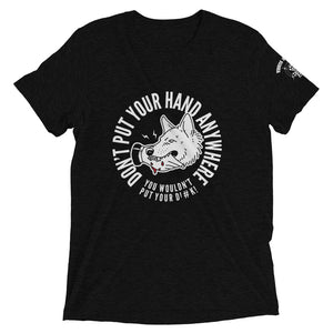 Men's "DON'T put your hand" white logo t-shirt