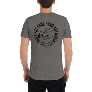 Men's "DON'T put your hand" black logo on back t-shirt