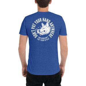 Men's "DON'T put your hand" white logo on back t-shirt