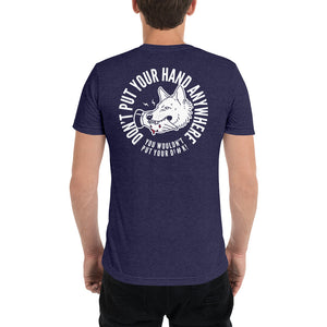 Men's "DON'T put your hand" white logo on back t-shirt