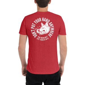 Men's "DON'T put your hand" white logo on back t-shirt